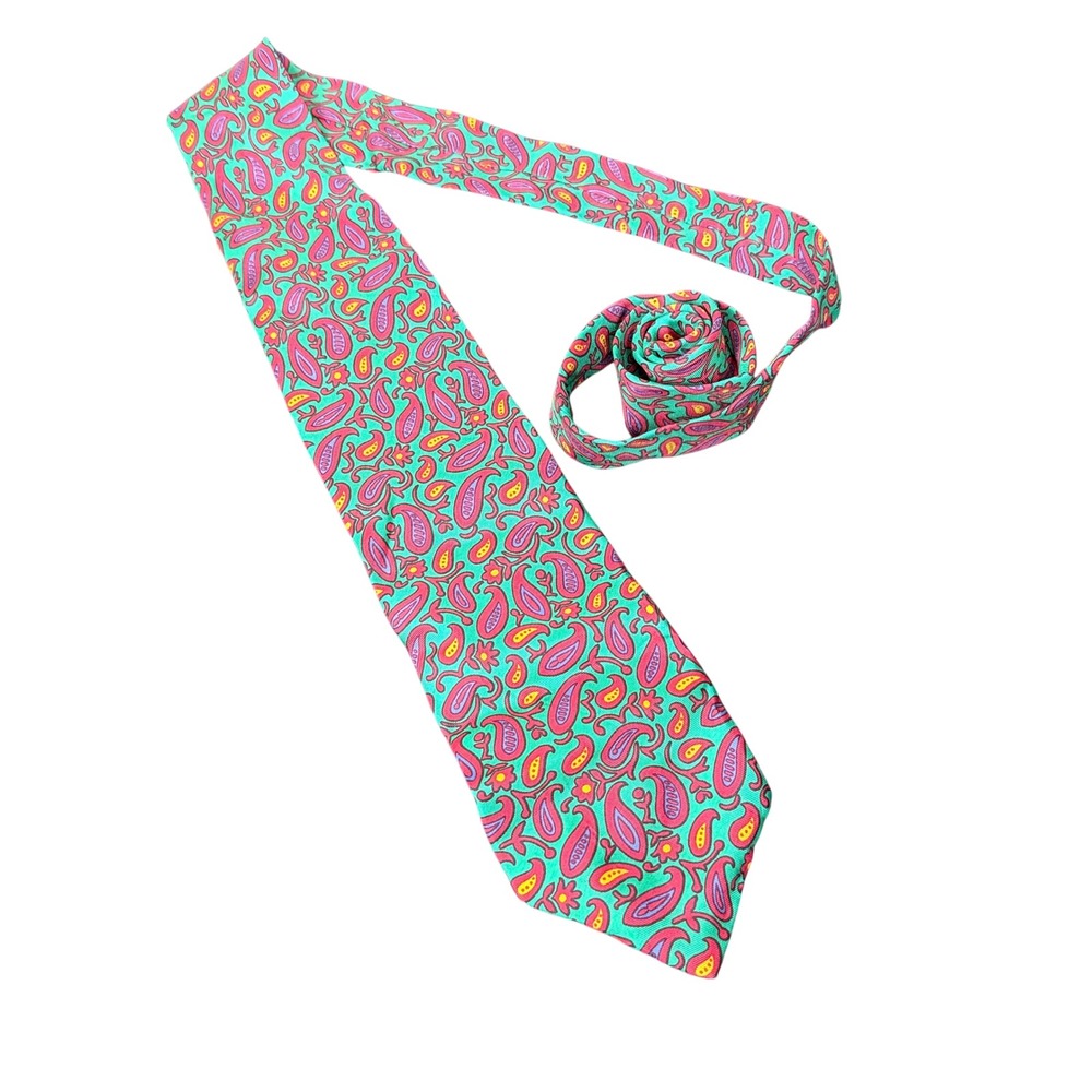 Yves Saint Laurent Tie Mens OS Green Paisley Silk Italy Designer Necktie